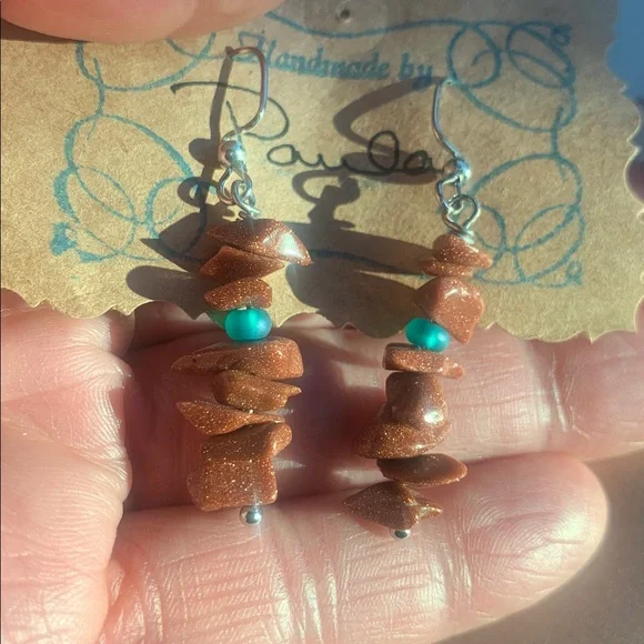 Handmade Goldstone Natural Stone w/ Turquoise Glass Bead Earrings - Picture 3 of 5